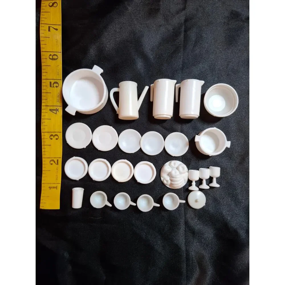 Vtg 25 Pc Lot Barbie Size White Kitchenware Pitcher Plates Cups Bowl Pot Goblet